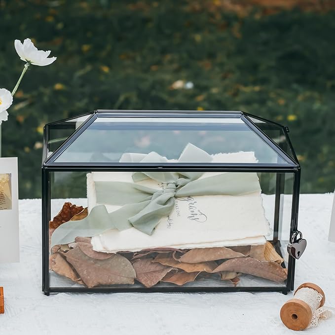 NCYP 12.6" x 5.9" x 9" Wedding Glass Card Box with Slot and Lock for Wishing Well, Keepsake, Envelope - Birthday Party Reception Decor, Black (Glass Box Only) Slot Length 7.3 Inches