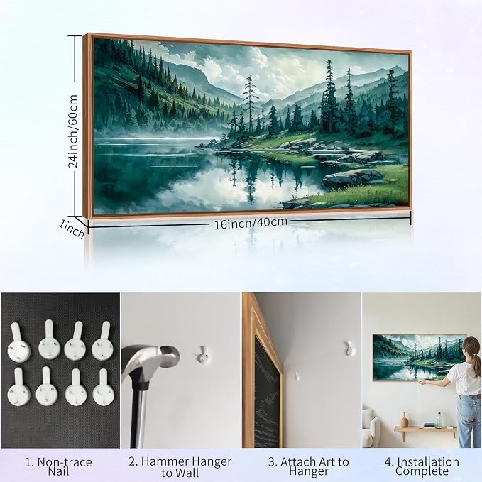 Tinonedraw Large Nature Forest Framed Canvas Wall Art, Boho Mountain Calming Lake Wall Decor, Olive Green Pine Trees Artwork, Northern Wilderness Art Painting for Living Room Bedroom Office 20"x40"