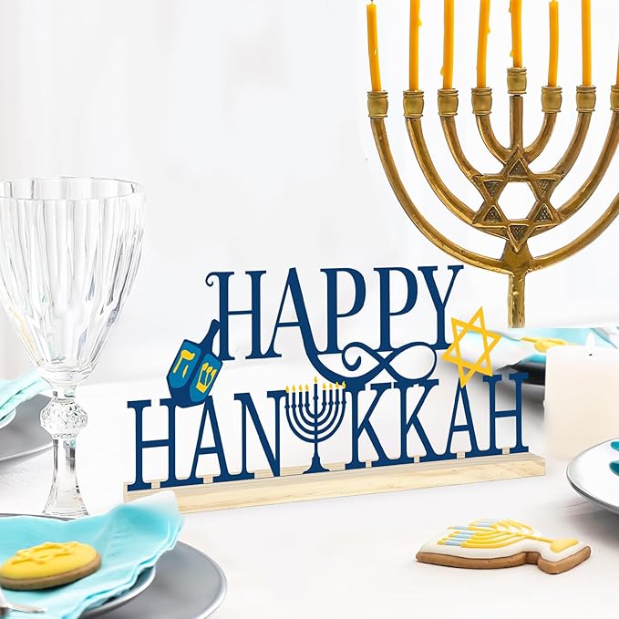 COCHIE Metal Happy Hanukkah Sign, Chanukah Menorah Turkey Table Centerpieces Decorations for Home, Office, Shelf, Mantel, Indoor, Jewish Festival Candles Party Supplies Decor (Hanukkah)