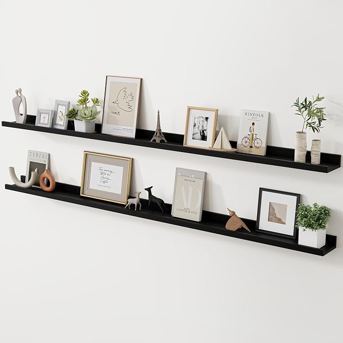 Acovy Long Floating Shelves for Wall, 72 inch Solid Wood Picture Ledge Shelf, Picture Shelf for Wall with Ledge, Floating Book Shelves for Living Room Bedroom Kitchen Nursery Decor, Black, Set of 2