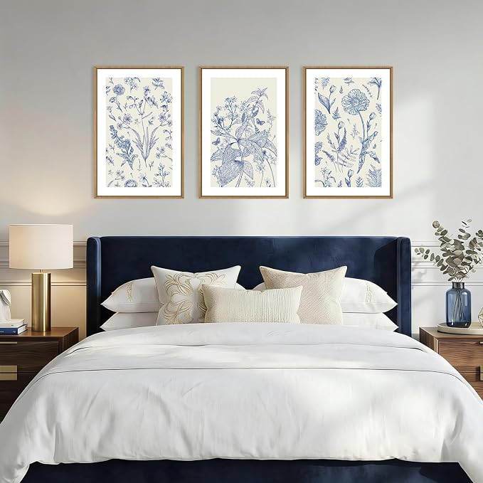 KAIRNE Navy Blue and White Floral Framed Canvas Wall Art Set,Chinoiserie Flower Wall Decor,Watercolor Botanical Art Prints,Modern Wildflower Artwork for Living Room,Bedroom,Farmhouse,Office-24 x36 x3