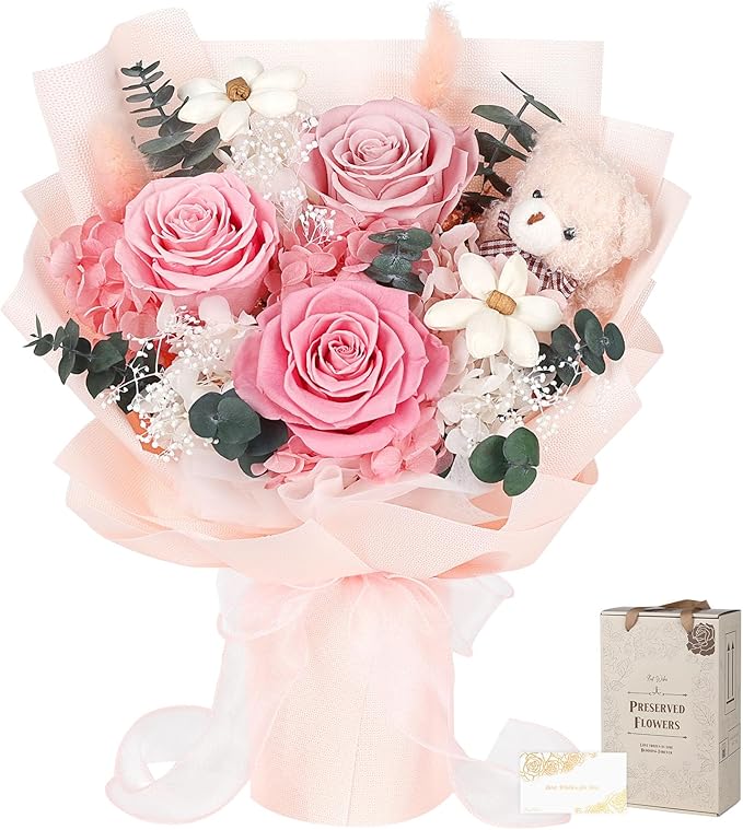 Preserved Flowers Bouquet with Bear, 3 Real Forever Flowers for Delivery, Long-Lasting Pink Eteranl Roses Bouquet, Anniversary Birthday Gifts for Women Mom Her Girlfriend Wife