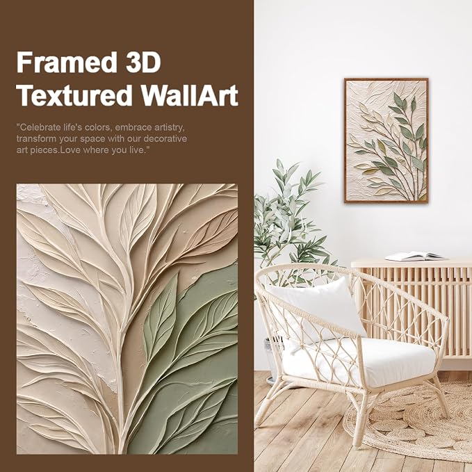 CHDITB 3D Neutral Foliage Impasto Textured Leaf Framed Canvas Wall Art Set, Sage Green Boho Botanical Rustic Country Wall Decor, Earth Tone Plant Art Prints for Living Room Bedroom Farmhouse 16"x24"x3
