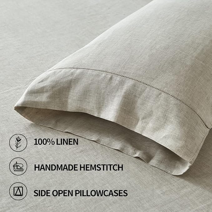 Simple&Opulence 100% Linen Pillowcase with Hand Drawing Hemstitch Pillow Cover Queen Size Set of 2 Soft and Durable (Linen, 20''x30'')
