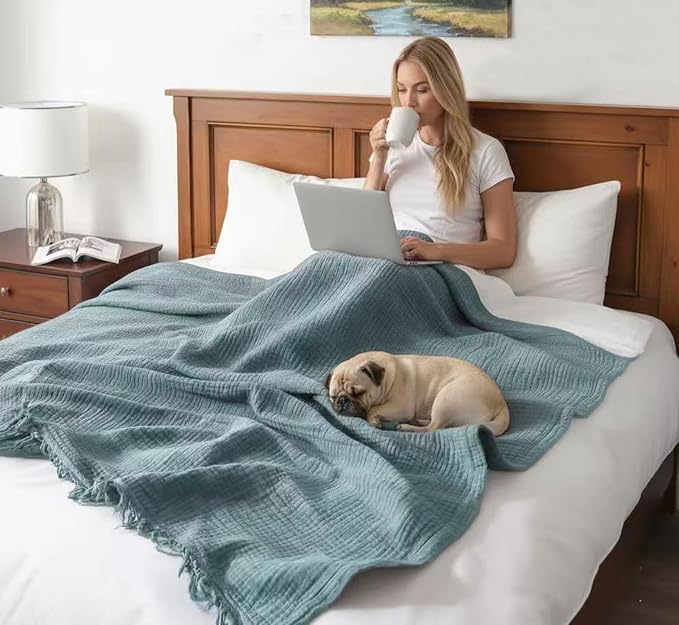 KyraHome 100% Cotton Throw Blankets for Couch, 60"x80" Pre-Washed Plant-Dyed Breathable Lightweight Gauze Soft Muslin Summer Throw Blankets, All Season (Slate Blue)