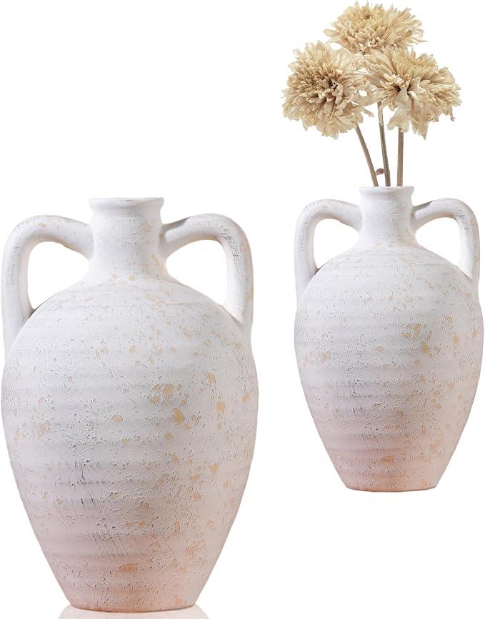 UPWOIGH 11.8in Ceramic Flower Vase with Handles | Off-White Finish, Handcrafted Weathered Texture, Rustic Farmhouse Style, Table Shelf Living Room Décor