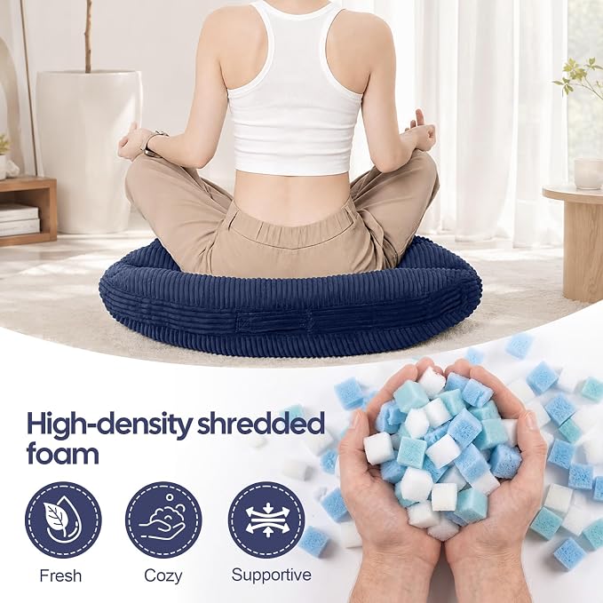 Meditation Cushion, 32 Inch Large Round Floor Pillow, Navy Blue | Soft Tufted Corduroy Meditation Pillow for Adults with Handle for Yoga, Cozy Meditation Mat for Reading and Tatami Seating
