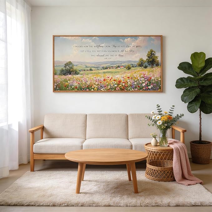 CHDITB Consider How the Wildflowers Grow Luke 12:27 Wall Art Framed, Farmhouse Countryside Landscape Bible Verses Scripture Canvas Artwork, Large Vintage Religious Biblical Wilderness Pastoral Scenery florals Field Meadow Painting Decor for Living Room...