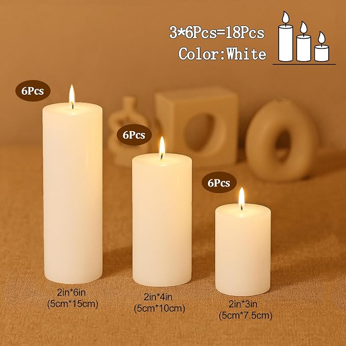 18 Pcs White Pillar Candles Bulk Set，2x3 2x4 2x6 Inch - 12 Each Size，Hurricane Candles，Dripless Unscented Smokeless，Gives You a Better Atmosphere When Organizing an Event Party.