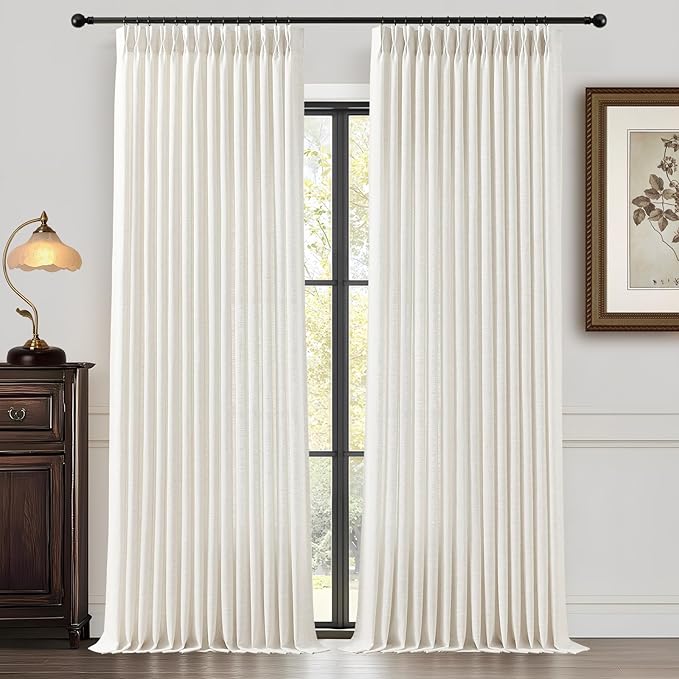 Pinch Pleated Linen Curtains 96 Inches Long for Living Room, Natural Light Filtering Pleat Drapes Textured Thick Floor to Ceiling Semi-Sheer Window Curtain with Hooks for Bedroom Farmhouse, 2 Panels