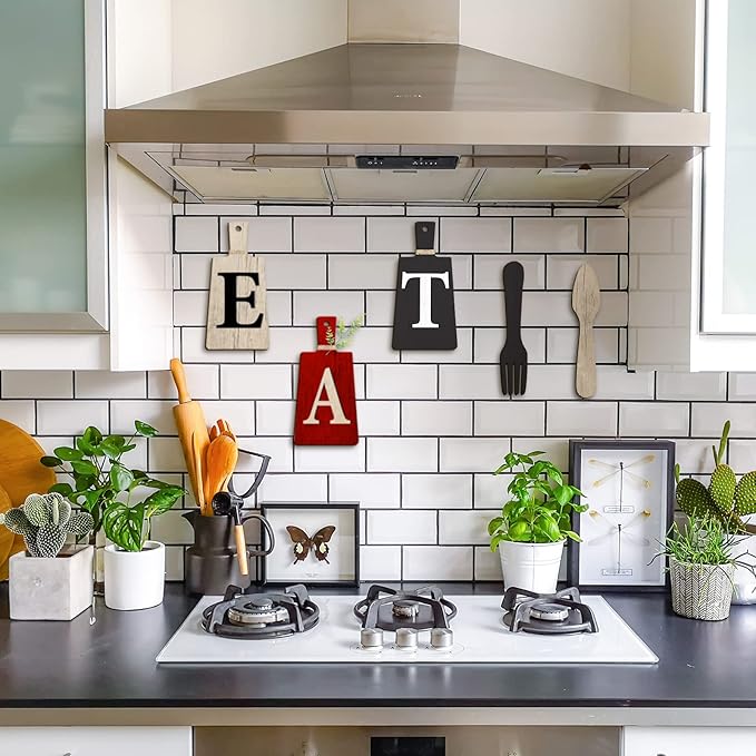 Jetec Cutting Board Eat Sign Set Hanging Art Kitchen Eat Sign Farmhouse Fork and Spoon Wall Decor Rustic Primitive Country Kitchen Decor for Home over Cabinet Decoration(Red, Black, Beige)