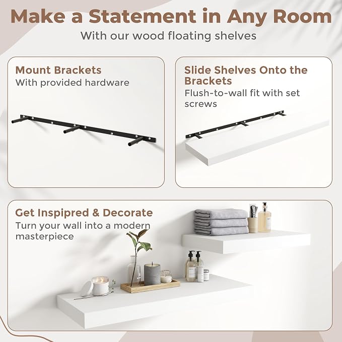 48 Inch Long Floating Shelves for Wall Set of 2, 12"D Wood Grain Bathroom Shelves with Invisible Brackets, Easy Install Engineered Wood Storage Shelves for Kitchen, Living Room, Bedroom, White Finish