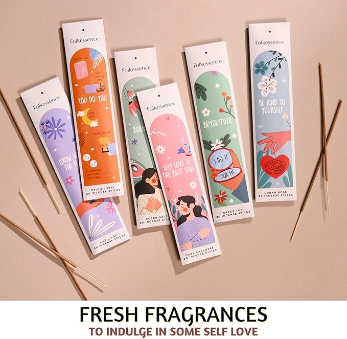Folkulture Incense Sticks (120 Sticks) | Set of 6 Premium Best Smelling Incense for Aromatherapy, Gifts for Women | No Charcoal, Organic, Non Toxic, 45 Min Burn time Green Tea, Rose Insence-Sticks