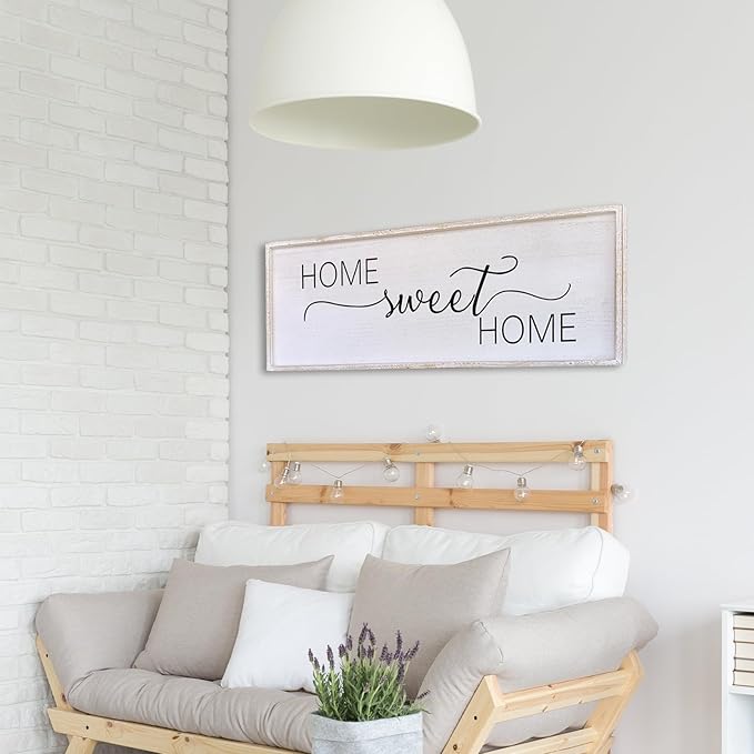 Home Sweet Home Sign Wall Decor 32”X12” Master Family Room Above Bed Beautiful Living Room Above Couch Sign Large Rustic Farmhouse Wood Framed Entryway Hanging Wall Art Decoration (White)