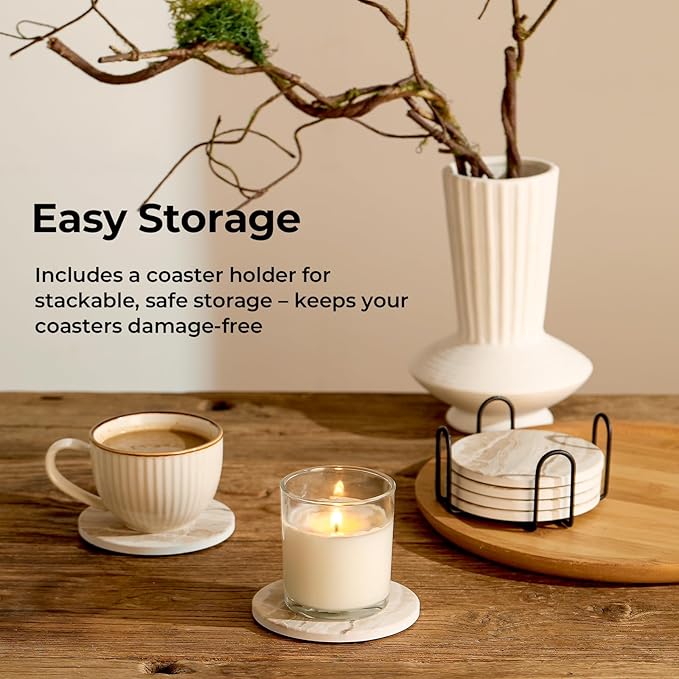 LIFVER Absorbent Coaster Sets of 4, Drink Coasters with Holder, Marble Style Ceramic Drink Coaster for Tabletop Protection, Suitable for Kinds of Cups, Wooden Table, Cool Home Decor, 4 Inches