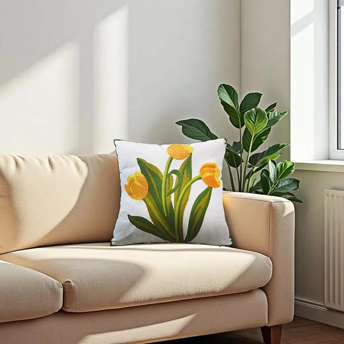 Embroidery Throw Pillow Cover 18x18 Home Decor Floor Pillow Cover for Couch Sofa Chair Gift 100% Cotton Floral Embroidered Cushion Cover Square Pillowcase 45x45cm Yellow Tulip, 1 Piece