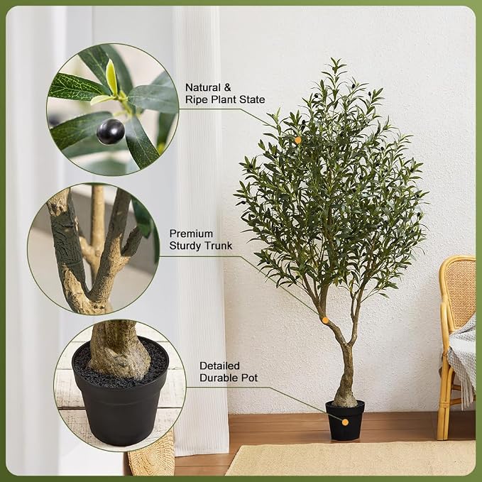 Artificial Olive Tree 6FT Fake Plants Indoor - UV Resistant Faux Olive Tree in Black Pot, Outdoor Tall Faux Silk Tree - Fake Trees for Modern Home Decor,Living Room, Office, Patio, Balcony, VN154