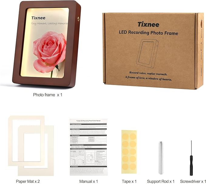 Wooden Photo Frame with Voice Recording and Soft LED Light – Personalized 180S Recordable Picture Frame Fits 3.5x5, 4x6 & 5x7 Photos, Tabletop Display, Meaningful Keepsake Gift (Brown)
