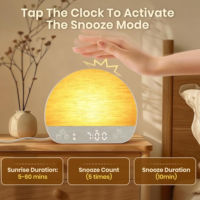 JONRRYIN Sunrise Alarm Clock Wake Up Light for Heavy Sleeper, 37 White Noise Sounds, Tap Snooze, Bluetooth Speaker, Remote Control, USB Port, 15 Color Dimmable NightLight for Bedroom