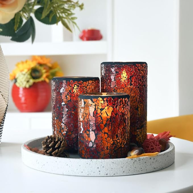 TELOSMA LED Mosaic Flameless Candle, Red Yellow Cracked Glass Pattern Pillar Candle - Centerpieces Table Bed Fireplace Autumn Decor - Set of 3