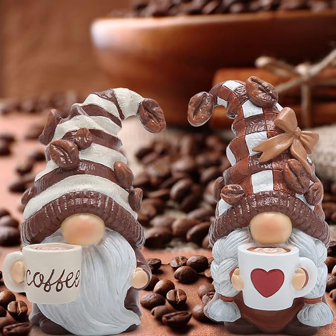 Hodao Gnome Decor Set of 2 Resin Coffee Lover Gifts with Mug, Cute Tiered Tray Figurines for Kitchen Shelf, Farmhouse Countertop, Desktop Accent, Spring Home Display