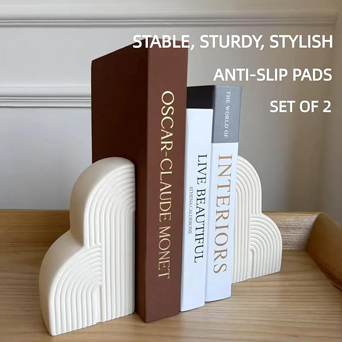 Concrete Bookends Decorative for Heavy Books - Aesthetic Boho Style Set of 2, White Decorative Bookends for Shelves, Office Boho Decor, Home Decor, or Library Decor (Cream White)