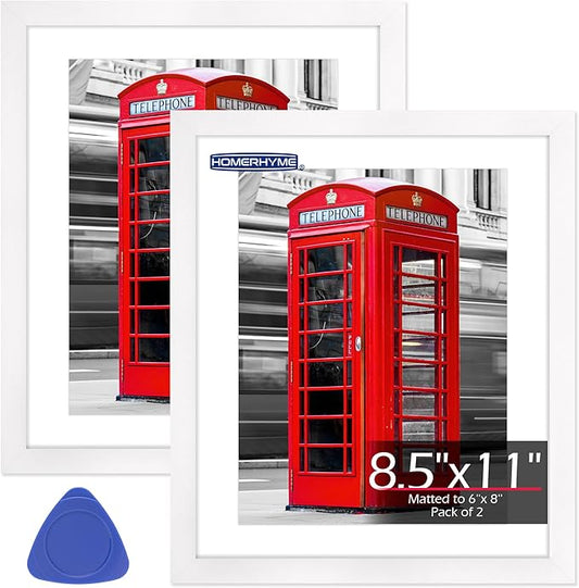 8.5x11 Picture Frame Set of 2, White Photo Frames for Gallery Wall Mounting, Display Pictures 6x8 with Mat or 8.5 by 11 Without, Certificate Frame with Plexiglass for Home Office Wall Decor