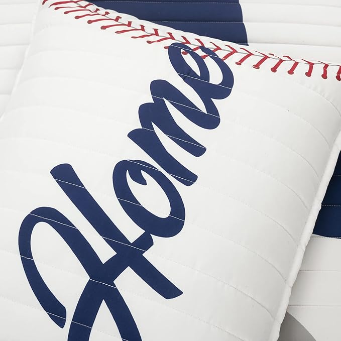 Lush Decor Baseball Game Reversible Quilt Twin Size 4 Piece Set White & Red - Toddler Bedding Set Twin Quilt - Sports Bedroom Decor - Baseball Bedding