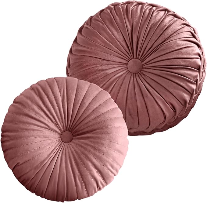 Teieas 2 Pcs Round Throw Pillows Pleated Velvet Pumpkin Round Pillows Floor Cushion for Living Room Couch Chair Bed Sofa 15.7"x15.7"/13.8" x 13.8" (Blush)