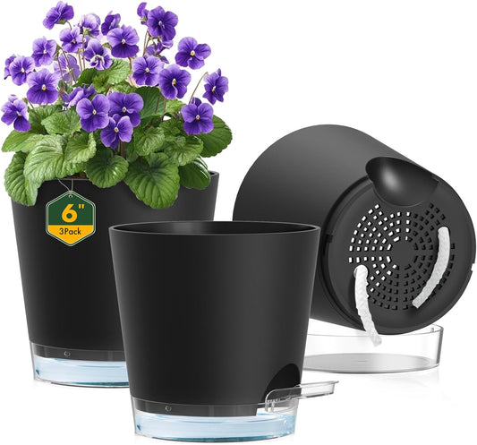 6 inch Self Watering Pots for Indoor Outdoor Plants, 3 Pack Flower Plant Pots with Drainage Holes and Clear Reservoirs, Visible Water Level, Plastic Planters with Wicking Rope, Black