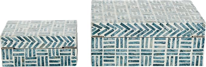 Deco 79 Mother of Pearl Shell Geometric Handmade Decorative Box Mosaic Storage Decorative Keepsake Box with Cream Underlay, Set of 2 Storage Box 12", 8"W, Blue