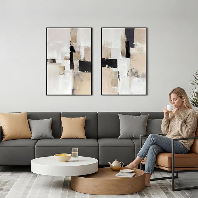Zessonic Neutral Abstract Wall Art, Large Modern Textured Framed Canvas Wall Decor, Minimalist Prints Paintings, Earth Tone Black Beige Brown Artwork Pictures for Home, Living Room, Office, 24"x36"x2
