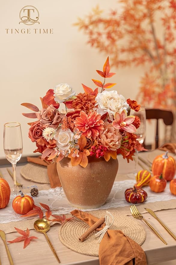 TINGE TIME Roses Artificial Flowers Orange Faux Flowers Bulk for DIY Bridal Wedding Bouquets Baby Shower Fall Centerpiece Table Home Decorations