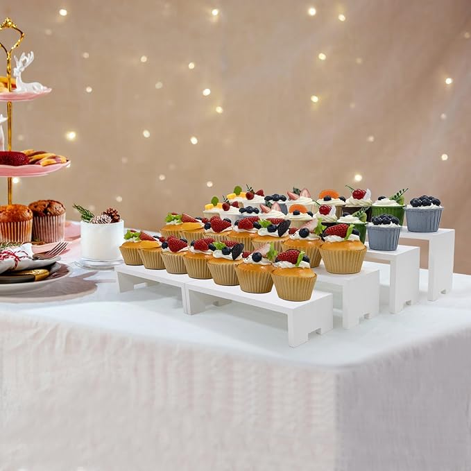 Yikaroeli 2 Set Large Display Risers Wooden Display Stand White 4 Tiered 8Pcs Wood Racks Riser Cupcake Stands Cake Stand Dessert Food Risers for Vendor Events