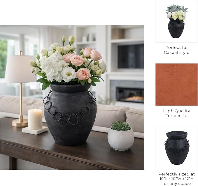 Terracotta Pottery Vase – Decorative Flower Holder for Stems and Greenery, Living Room or Office Tabletop Home Decor, Rustic Metal Chain Accent for Collected, Layered Style – 12", Black