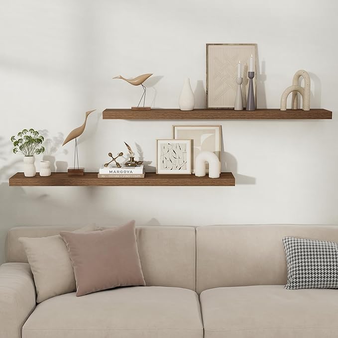 Fun Memories Rustic Wood Floating Shelves for Wall, Space-Saving Wall Mounted Shelves for Bathroom, Bedroom, Living Room and Kitchen, Stylish Storage & Display (Set of 2, Walnut, 48 in)