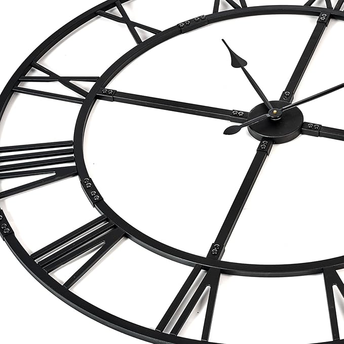 Oversized 48 inch Knocked-Down (KD) Wall Clock for Living Room Decor – Extra Large Silent Non-Ticking Modern Farmhouse Wall Clock, Decorative Metal Roman Numeral Clock, Black