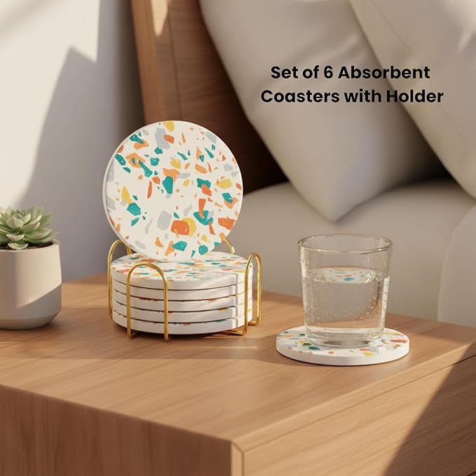 Absorbent Coaster Set of 6 with Holder, Drink Coasters for Coffee Table, Kitchen, Home Decor, Cute Ceramic Round Coasters, Alternative to Silicone, Cork or Glass Coaster (Splash)