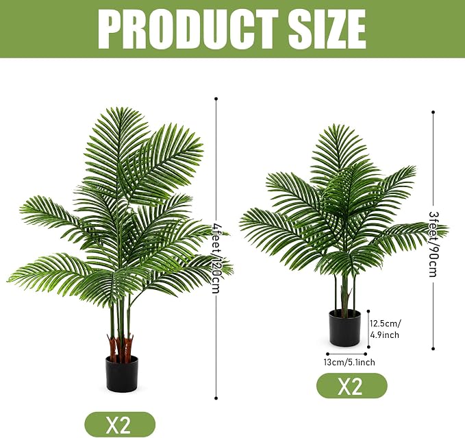 Jexine 4 Pack Artificial Palm Trees 3Ft 4Ft, Fake Plants Fake Trees Artificial Areca Palm Plants for Outdoor Indoor Faux Tree in Pot for Pool Home Office Housewarming Gift Modern Decoration