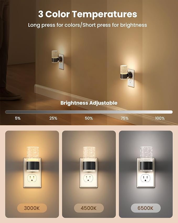 VOLISUN Night Lights Plug into Wall, Dimmable LED Night Light 3 CCT & 5 Brightness Levels, Acrylic Bubble Nightlight with Dusk to Dawn Sensor for Hallway, Bathroom, Stair, Nursery Black 2 Pack