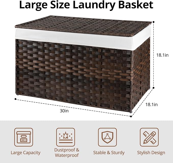 OIAHOMY Large Storage Basket with Lid, 42.3 Gallon (160L) Blanket Basket with Removable Liner Bag, Wicker Hamper with Handle, Foldable, Hamper for Bedroom, Brown