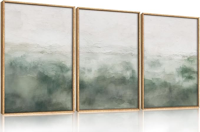 Abstract Sage Green Framed Canvas Wall Art,Neutral White and Grey Wall Decor,Modern Pastel Wall Painting,Illustrations Artwork for Living Room,Bedroom,Dining Room,Office -12"x16"x3