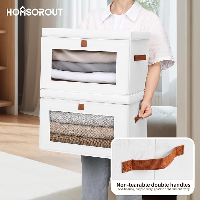 Homsorout Large Closet Storage Bins - Collapsible Clothes Organizer with Handles & Window, Decorative Boxes with Lids, Linen Closet Organizers for Living Room, Dorm, 8 Pack, White