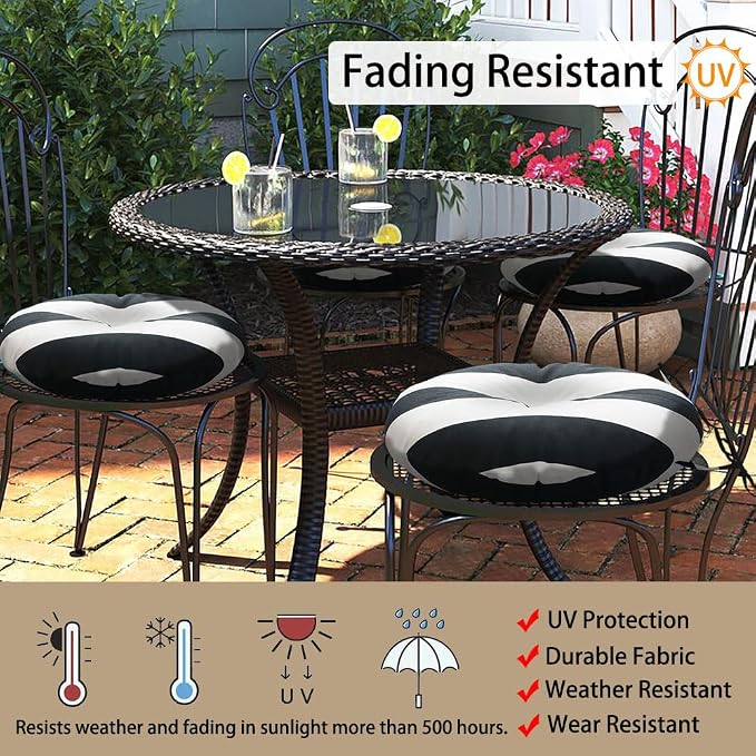 Magpie Fabrics Outdoor Round Bistro Seat Cushions with Ties, 15"x15"x4" Set of 2, Tufted Waterproof Barstool Chair Pads for Patio Home Garden Office, Black White
