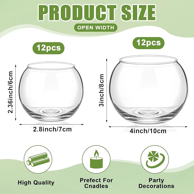 24 Pcs Glass Bubble Bowl Vase Bulk, Clear Round Glass Centerpiece Bowls for Valentine's Wedding Table Decor, Fish Flower Bud Vase Terrarium for Event Party DIY (2.36"h X 2.76"w and 3.15"h X 3.94"w)