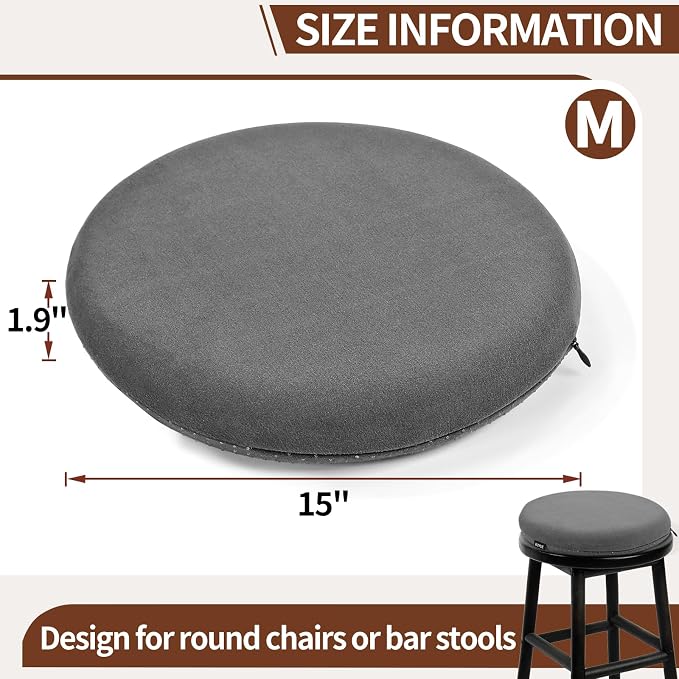 BUYUE Memory Foam Seat Cushion, Dia 15" Soft Velvet Round Stool Cushion Anti-Slip Chair Pads, M, Dark Grey