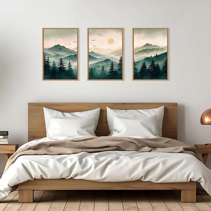 Large Boho Mountain Framed Canvas Wall Art Set 16"x24"x3 | Misty Forest Landscape Neutral Pine Tree Nature Sunrise Art Prints Living Room Bedroom Dining Room Office