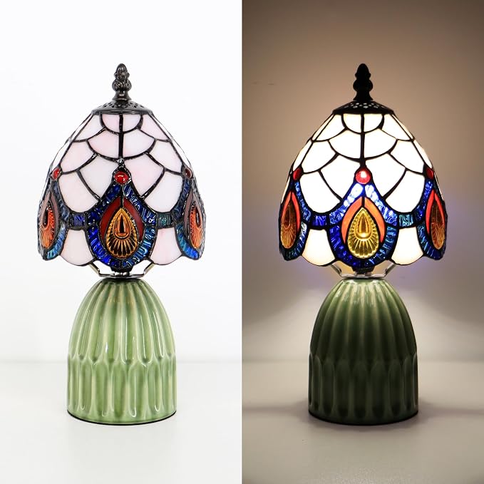 Tiffany Stained Glass Mushroom Table Lamp 12.5 Inch -Pink Peacock | Tiffany Lamp,6X6X12.5 Inch,Small Night Light,Ceramic Base, Mini Accent Light Suitable,Bedside,Bedroom, Children Room,Antique