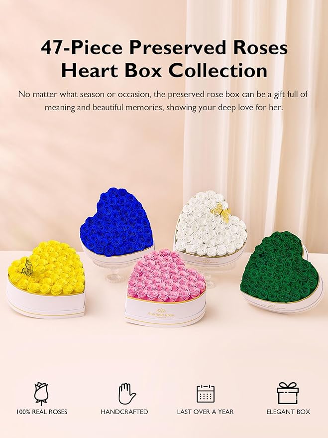 Eterfield 47 Forever Flowers in Heart Shape Box, Preserved Roses That Last a Year Preserved Flowers Birthday Gifts for Her Mom Women Wife Anniversary Valentines Day Mothers Day Christmas, Pink