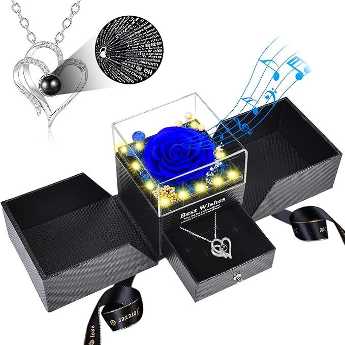 Pasuvsigt Valentines Day Rose Gifts for Her, Preserved Real Rose with I Love You Heart 100-Language Necklace, LED Lights & Music Box, Anniversary Birthday Valentines Gifts for Women Girlfriend Mom
